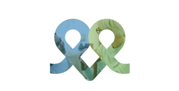 A transparent ampersand symbol frames an image of two people smiling and interacting, one younger and one older, against a white background.